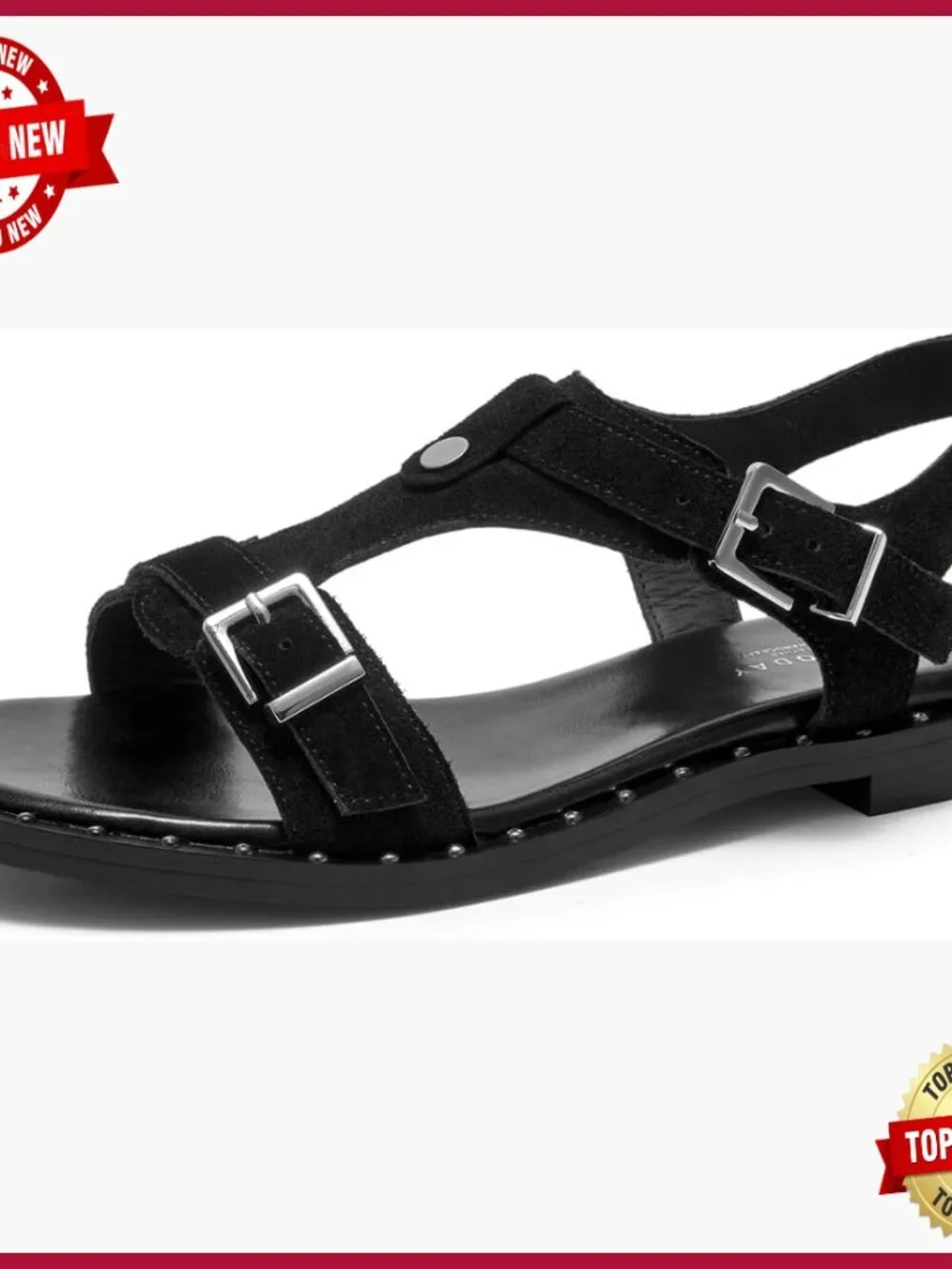 Women's T-Strap Suede Sandals with Ankle Buckle Studded Flats Lightweight